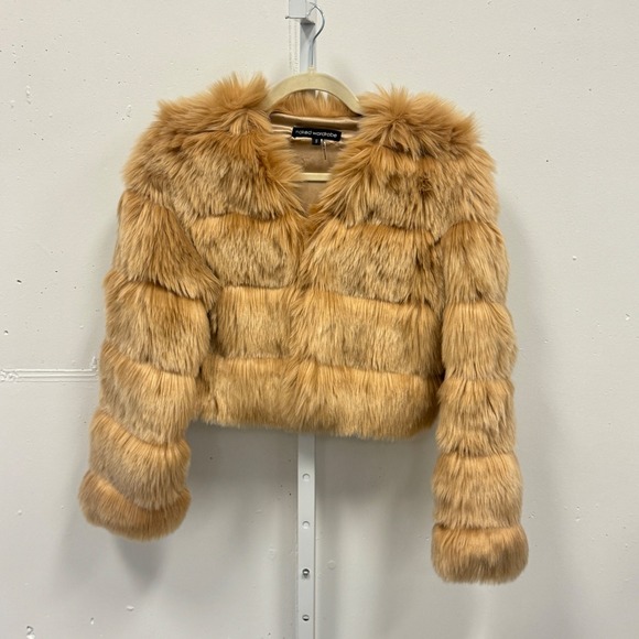 naked wardrobe Jackets & Blazers - Naked Wardrobe Faux Fur Cropped Jacket Tan HDJ8966 Tiered Shaggy Glam Mob Wife